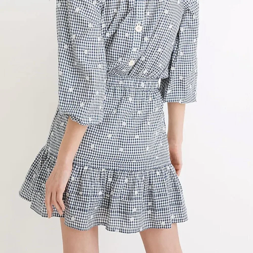 Madewell Embroidered Tiered Pull On Mini Skirt Blue Gingham Check ne699 L